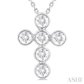 3/4 ctw Round Cut Diamond 6-Stone Bezel Set Cross Pendant With Chain in 14K White Gold
